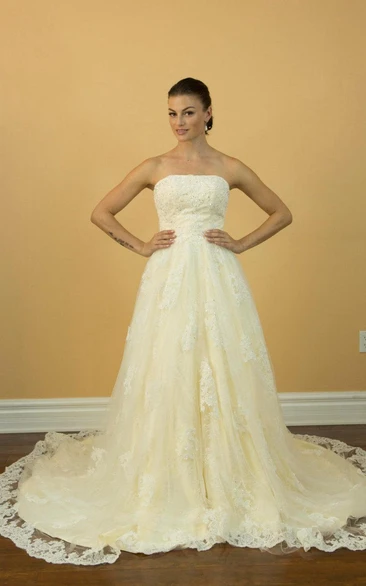 Strapless Long A-Line Appliqued Wedding Dress With Lace Trim