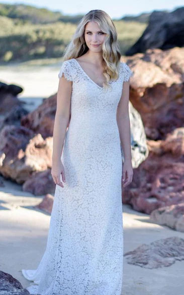 Elegant Lace V-neck Sheath Floor-length Low-V Back Wedding Dress