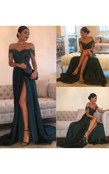 A-line Off-the-shoulder Sleeveless Floor-length Court Train Chiffon Lace Evening Dress with Split Front
