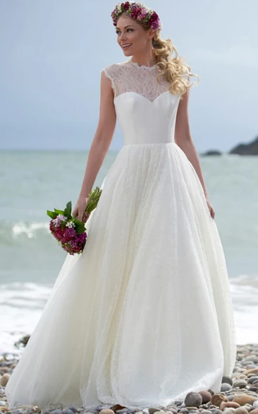 High Neck Floor-Length Lace Wedding Dress With Illusion