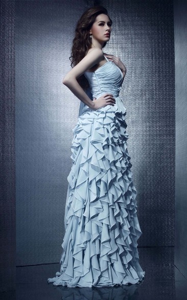 One-Shoulder Ruched Chiffon Floor-Length Dress With Cascading Ruffles