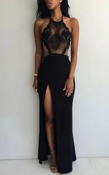 Sexy Black Halter Lace Prom Dress Front Split Long Evening Party Gowns
