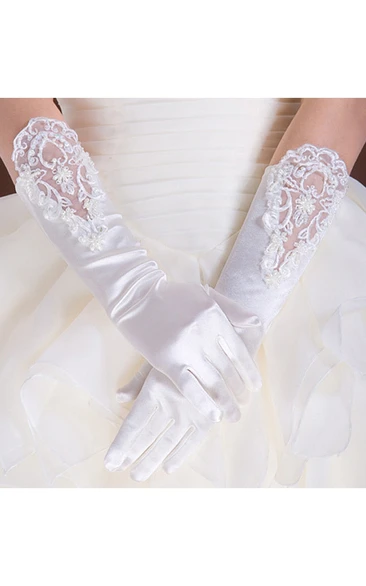 White Stretch Satin Long Length Sequins Beads Package Refers To Gloves
