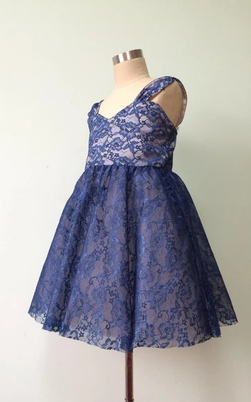 Navy Blue strapped Lace Flower Girl Dress With Pleated 