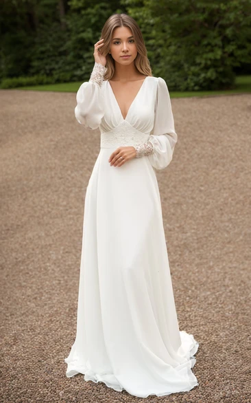 Elegant Modest Long Sleeve Country Wedding Dress Simple Minimalist A-Line Chiffon Gown with Open Back
