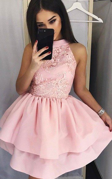 A-line Ball Gown High Neck Sleeveless Ruching Tiers Short Mini Satin Lace Homecoming Dress