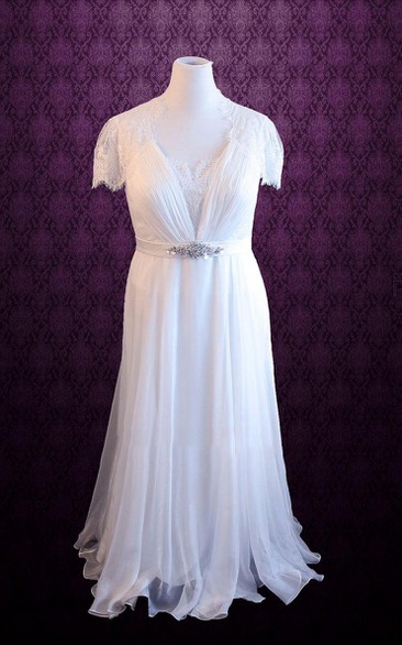 Queen Anne Button Back Chiffon Wedding Dress With Sash And Crystal Detailing