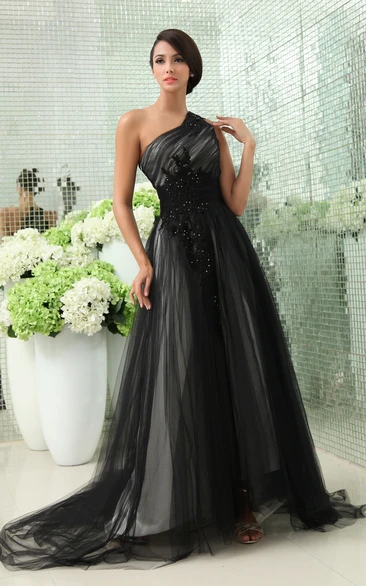 Graceful Asymmetrical One-Shoulder Tiered Tulle Gown With Side Zipper