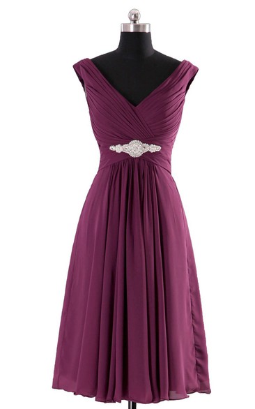 V-neckline Pleated Basque Waist Dress With Crystal - June Bridals