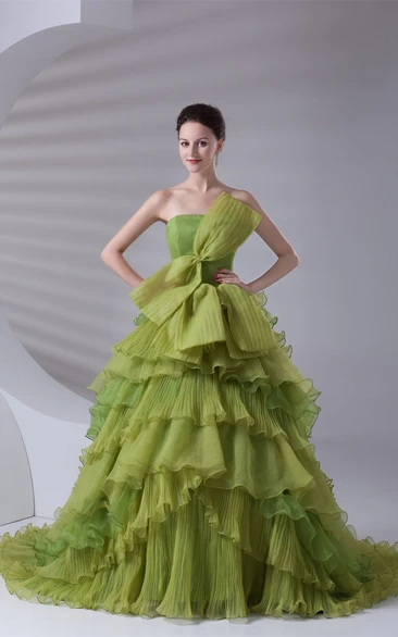 Strapless Tiered A-Line Ball Gown with Ruffles and Bow