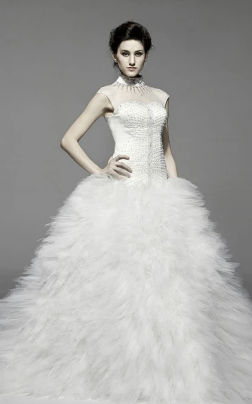 Magnificent Ruffle Tulle Gown With Tiered Organza Skirt and Jeweled Waist