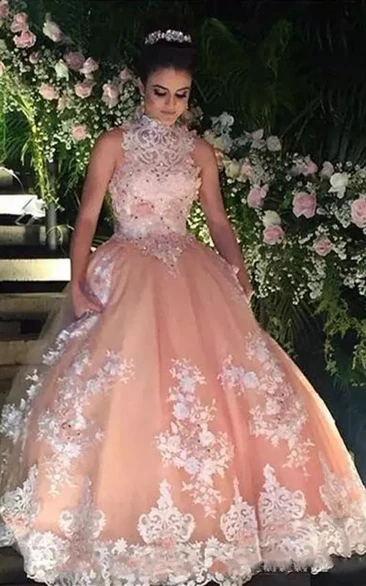 Ball Gown High Neck Sleeveless Floor-length Lace Tulle Prom Dress with Appliques and Beading