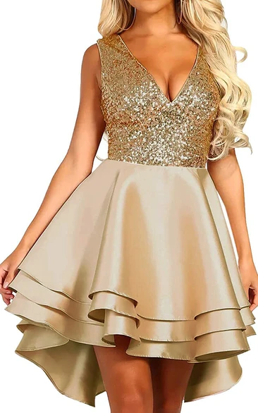 Simple Ball Gown Satin Sequins V-neck Sleeveless Homecoming Dress with Ruffles