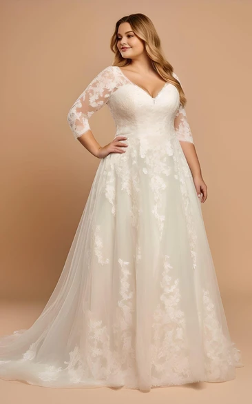Romantic Plus Size A-Line V-neck Tulle Floor-length Wedding Dress Country Garden Simple Elegant 3/4 Length Sleeve