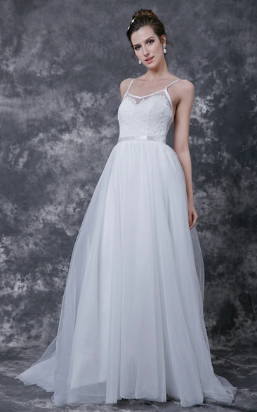 Spaghetti Strap Low V Neck Long Tulle Dress With Sash and Lace Detailing