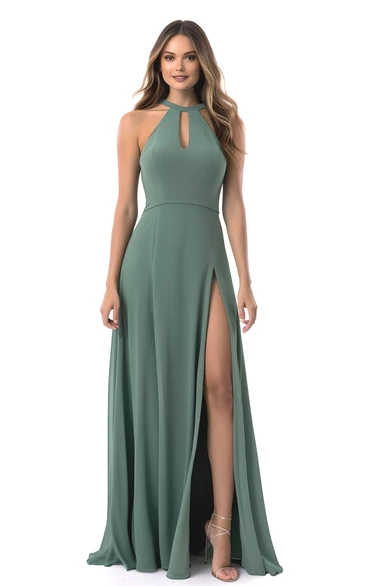 Ethereal A-Line Halter Chiffon Bridesmaid Dress with Split Front