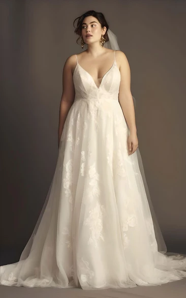 A-Line Plus Size Lace Tulle Sleeveless Wedding Dress with Appliques 2023 Spaghetti Sexy Bohemian Elegant Romantic