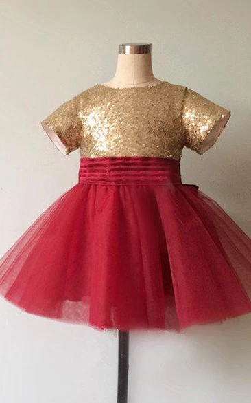 Sequins Top Jewel Neck Tulle Dress With Ruching