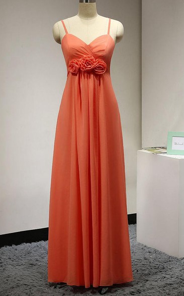 Sleeveless Floor-length Dress With Spaghetti Straps and Flowers