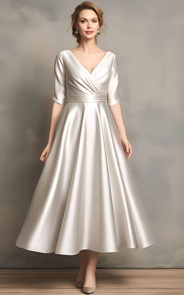 Ethereal A-Line V-neck Satin Half Sleeve Mother of the Bride Dress Modern Simple Casual Modern Tea-length