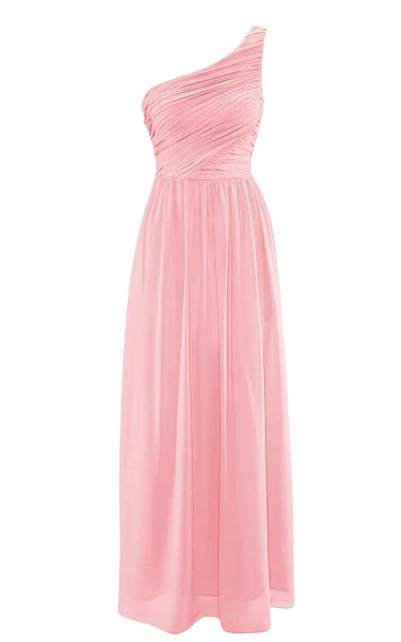Simple One-shoulder Ruched Chiffon Sheath Gown