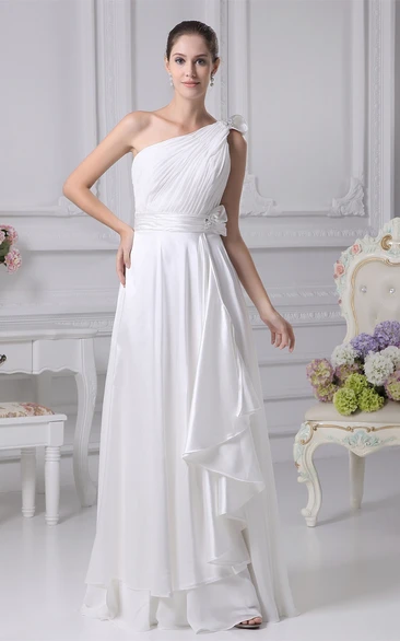 One-Shoulder Draped Floor-Length Dress with Broach and Ruched Top