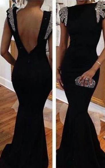 Sexy Backless Black Mermaid Prom Dresses Cap Sleeves Bateau Evening Gowns With Beading Crystals