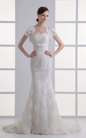 strapless lace mermaid gown with bolero and court train - June Bridals