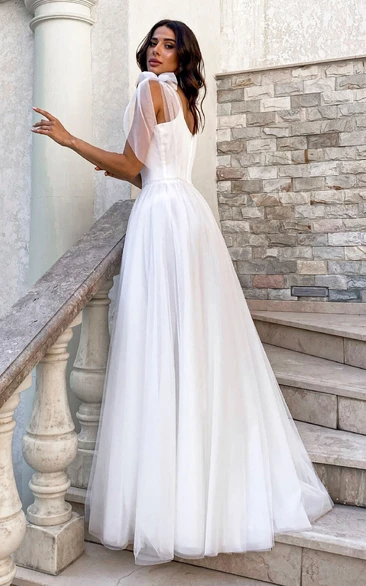 Spaghetti Satin Tulle V-neck Simple And Cute Wedding Dress With