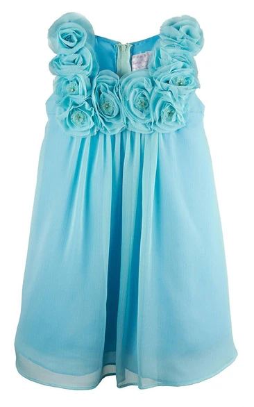 Sleeveless Pleated Dress With Flowers and Beadings
