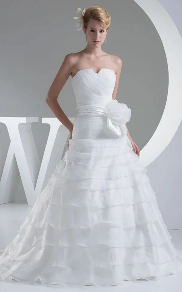 Strapless Notched A-Line Dress With Flower and Tiers