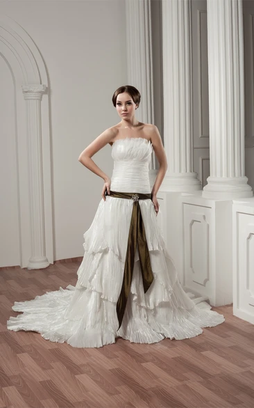 Strapless Ruched A-Line Gown with Tiers and Ribbon