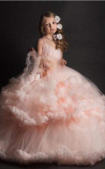 Romantic Ball Gown Tulle Spaghetti Sleeveless Tier Flower Dirl Dress