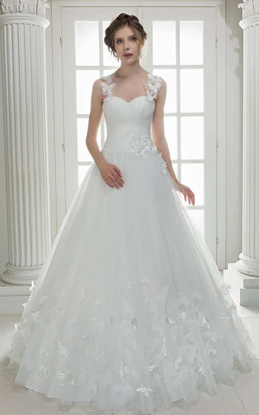 Floral A-Line Ball Gown Tulle Satin Wedding Dress With Sweep Train And Lace Up