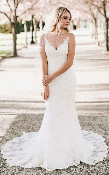 Mermaid Sheath V-neck Lace Floor-length Brush Train Sleeveless Wedding Dress