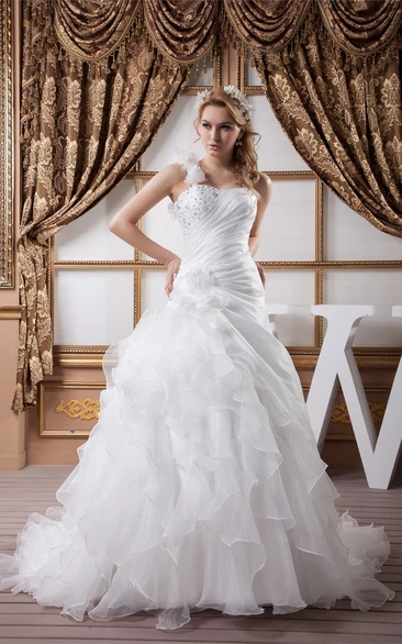 Sleeveless Side-Ruched Ball Gown with Beading and Ruffles