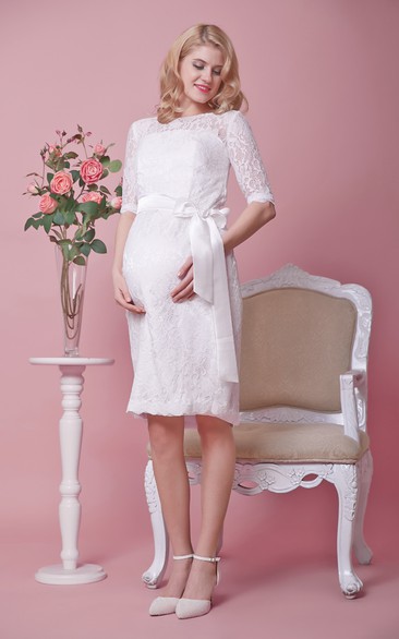 Knee Length Lace Half Sleeve Maternity Wedding Dress With Satin Bow Sash