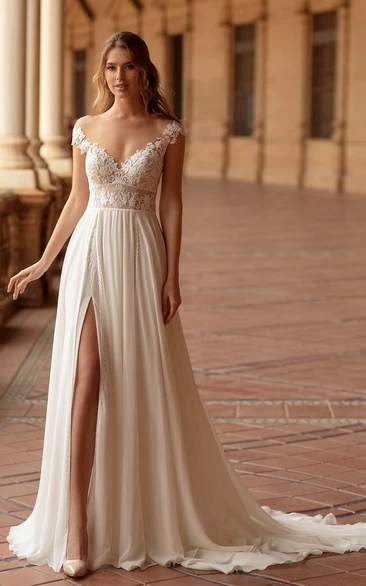 Floral Beach A-Line Boho Lace Front Split Wedding Dress Sexy Elegant Gorgeous Deep-V Sweep Train Gown