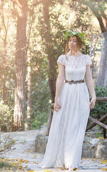 Jewel Deep-V Back Long Lace Wedding Dress With Sash And Flower