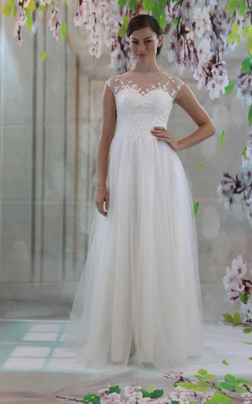 Illusion High Neck Cap Sleeve A-Line Tulle Wedding Dress With Lace Bodice