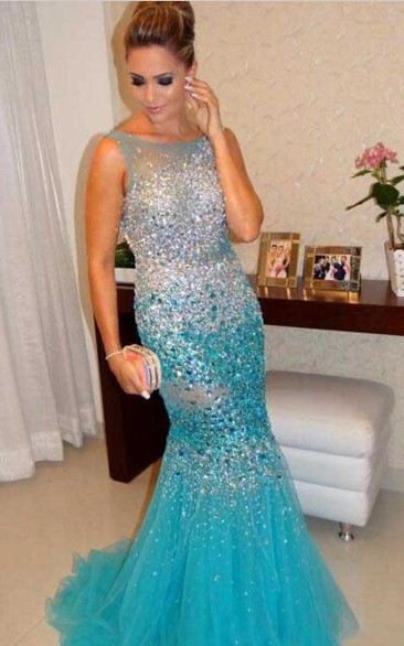 Glamorous Sleeveless Beadings Crystals Prom Dresses Mermaid Tulle Party Gowns
