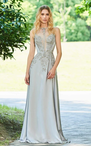 Sleeveless Elegant Chiffon Button Back Prom Gown With beading And Appliques