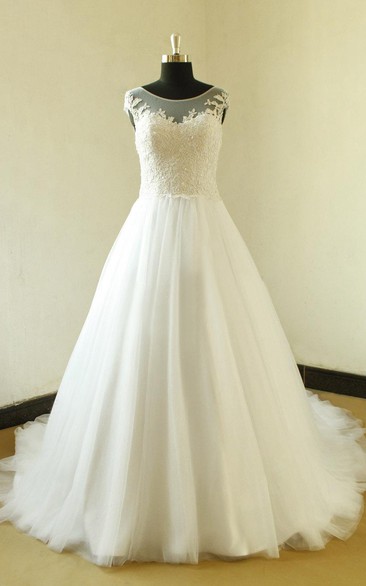 Bateau Neck Cap Sleeve Long A-Line Tulle Wedding Dress With Elegant Beading