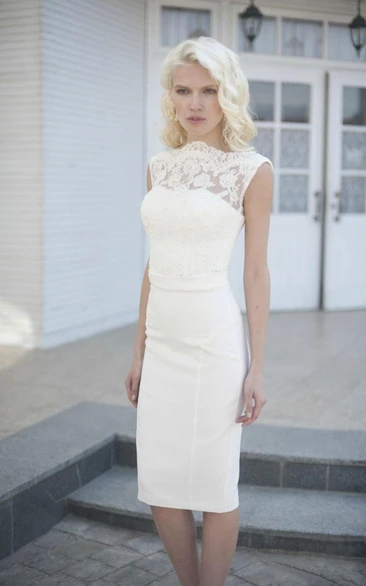 High-Neck Elegant Knee-Length Wedding Dress With Lace Bodice