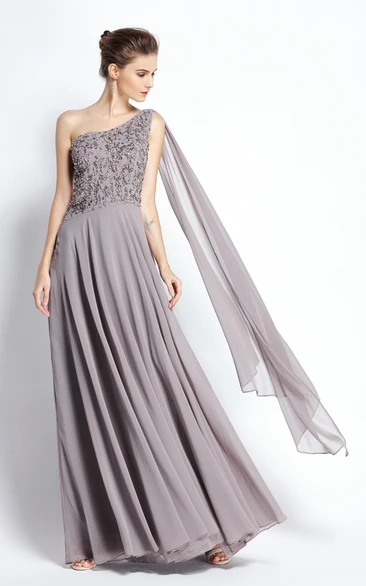 A-Line One-shoulder Sleeveless Floor-length Chiffon Prom Dress with Straps