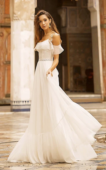 Spaghetti Straps Off-the-shoulder Adorable Tulle Wedding Dress With Lace Details