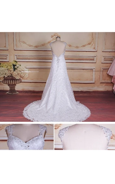 Trumpet Cap Sleeve Backless Lace Satin Dress With Beading Appliques
