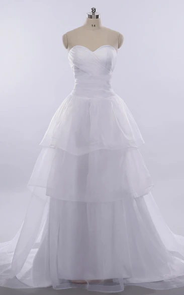 A-Line Long Sweetheart Sleeveless Bell Pleats Tiers Lace-Up Back Keyhole Tulle Lace Dress
