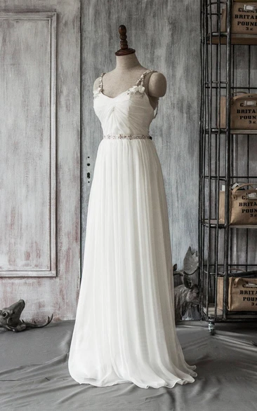 Spaghetti Strap Long A-Line Chiffon Wedding Dress With Crystal Beaded Sash