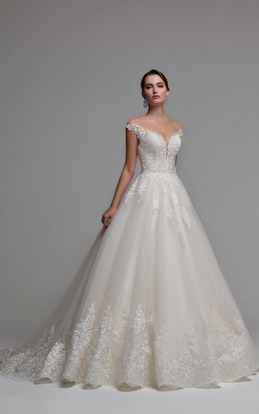 Princess Ball Gown V-neck Tulle Bridal Gown with Appliques